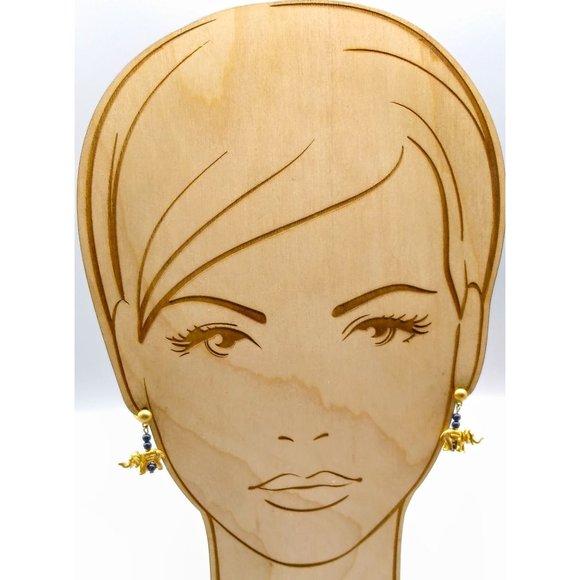 Vintage Gold Tone Elephant Earrings, Dangle Drop with Blue Beads and Lucky Trunk - Picture 1 of 3